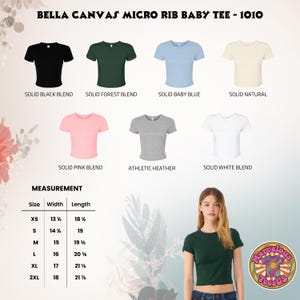May include: A product image showcasing a variety of Bella Canvas Micro Rib Baby Tees in multiple colors, including black, forest green, baby blue, and pink. The image also includes a size chart with measurements in inches, and the text "Marvelous TeesUS".