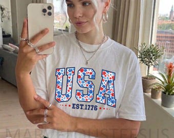 Comfort Colors Floral USA T-Shirt, American Girl Style, USA Est 1776 Shirt, Girly 4th of July Shirt, Patriotic Graphic Tee, Flower USA Shirt