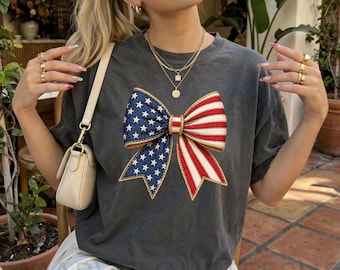 Comfort Colors® USA Coquette Bow T-Shirt, America Shirt, Patriotic Bow Shirt, American Woman Shirt, 4th Of July Shirt