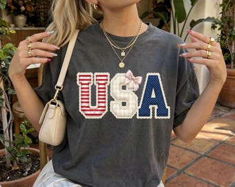 USA American Flag Shirt, Comfort Colors® FAUX Patchwork 4th Of July Shirt, Independence Day Shirt, Print Only Tee-Not a Patch