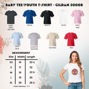May include: A selection of baby and youth t-shirts in various colors, including dark gray, royal blue, black, white, and light pink. The image also displays a measurement chart with sizes ranging from XS to XL, with chest tolerance information.