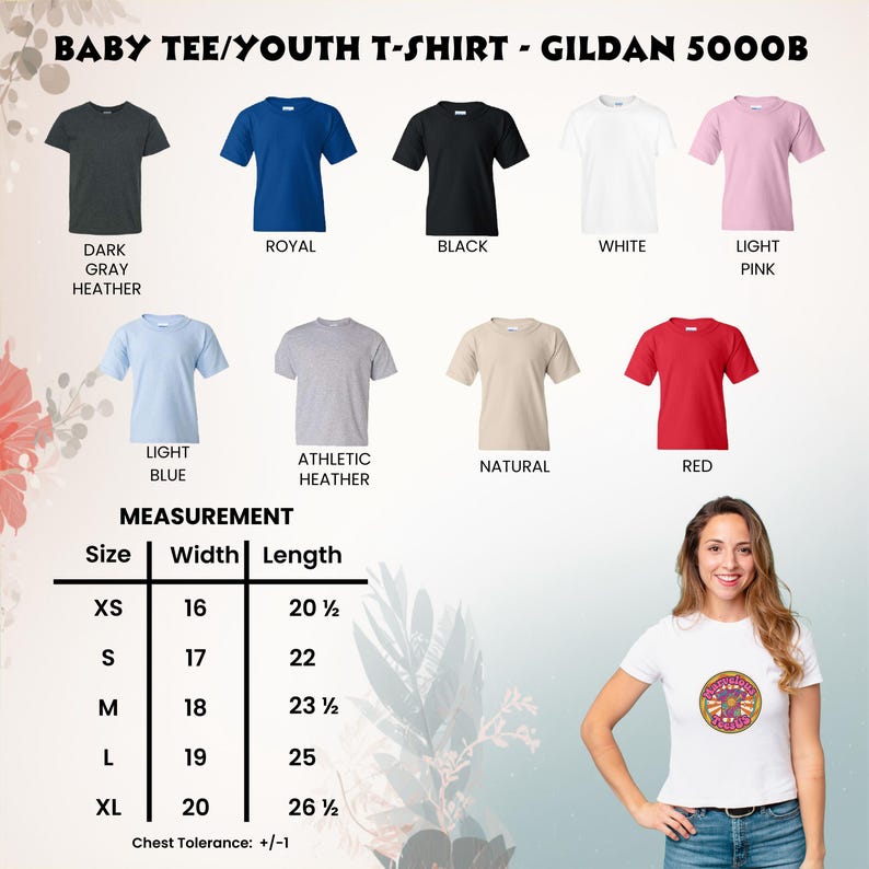 May include: A selection of baby and youth t-shirts in various colors, including dark gray, royal blue, black, white, and light pink. The image also displays a measurement chart with sizes ranging from XS to XL, with chest tolerance information.