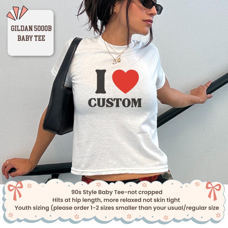 I Love Custom Baby Tee, I Heart Custom Gildan Baby Tee, Custom Text Crop Top, Personalized Y2K 90's Baby Tee, Trendy Y2K Clothing image 3