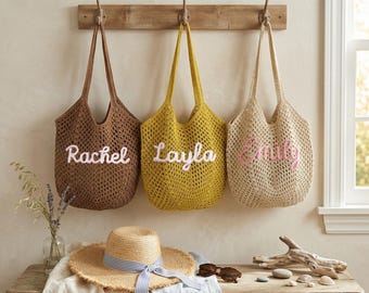 Bolso de playa de ganchillo personalizado, bolso de verano con nombre personalizado, regalo para damas de honor, bolso para despedida de soltera.