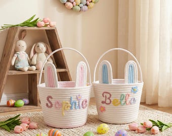 Canasta de Pascua de crochet personalizada con nombre para niños, canasta personalizada para la búsqueda de huevos de conejito, regalo de recuerdo para la primera Pascua del bebé