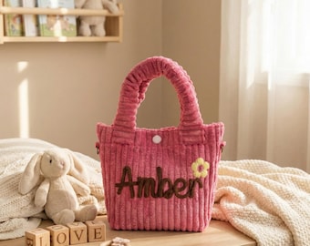 Bolso bandolera personalizado para niños, bolso de pana suave para niñas, bolso preescolar, regalo para baby shower, regalo de cumpleaños