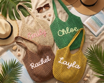 Bolso de playa personalizado, bolso de ganchillo con nombre, bolso de verano personalizado, bolsa de regalo para damas de honor, recuerdo para despedida de soltera
