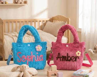 Bolso bandolera personalizado para niño pequeño, bolso de pana personalizado para guardería, bolso de viaje para niños, regalo para niña de las flores, bolso para preescolar, regalo de cumpleaños