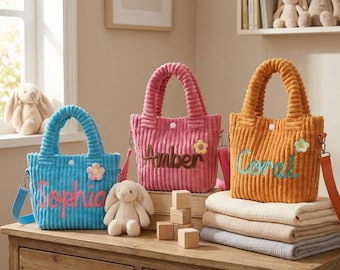 Bolso de mano personalizado para niña, bolso bandolera de pana personalizado, bonito bolso con nombre para niña, bolso para preescolar y guardería, regalo para baby shower.