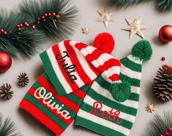 Gorro navideño familiar personalizado con tu nombre, gorro bordado para disfraz navideño para niños y adultos, lindo accesorio para fotos navideñas