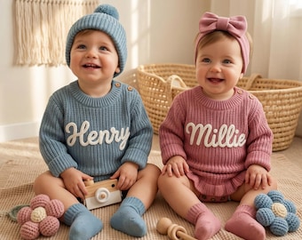 Conjunto de pelele para bebé con nombre personalizado, bordado a mano, para recién nacido, de punto de algodón orgánico, regalo personalizado para baby shower.