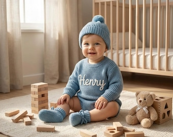 Conjunto de pelele para bebé bordado a mano, personalizado, de punto de algodón orgánico, regalo para recién nacidos, unisex.