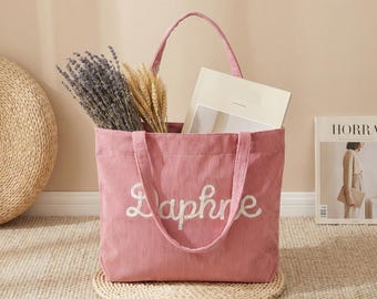 Bolso de pana personalizado, bolso con nombre bordado, regalo para dama de honor, bolso de viaje, regalo para ella, regalo de despedida de soltera