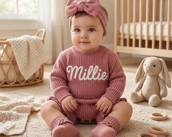 Conjunto de pelele personalizado para niña, con nombre bordado a mano, de punto de algodón orgánico, ideal como regalo para recién nacida.