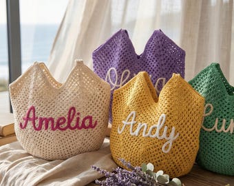 Personalized Crochet Tote with Name, Lightweight Cotton Beach Bag, Breathable Summer Travel Tote