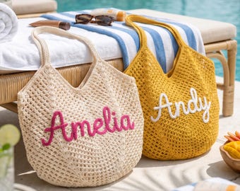 Handmade Personalized Crochet Tote Bag, Custom Name Embroidered Beach Bag, Elegant Summer Vacation Tote, Bridesmaid Gift