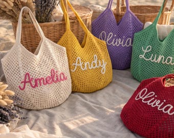 Custom Name Crochet Beach Tote, Personalized Cotton Summer Bag, Lightweight Travel Tote for Vacation & Pool