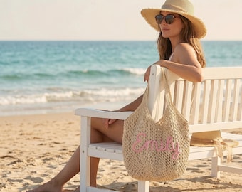 Bolso de playa de ganchillo con nombre personalizado, bolso de verano estilo boho personalizado, bolso de vacaciones hecho a mano, regalo para ella.