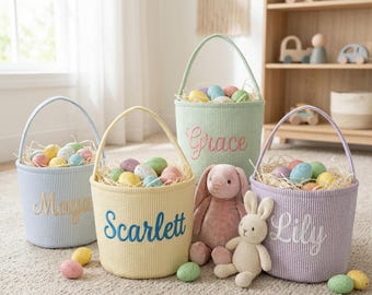 Canasta de Pascua personalizada para niños, canasta de sirsaca con nombre bordado, regalo de búsqueda de huevos de Pascua