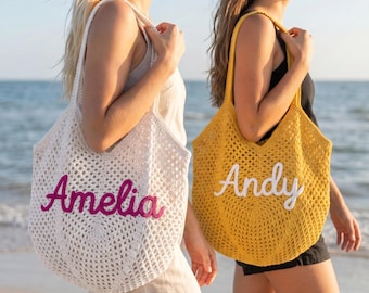 Personalized Crochet Beach Tote Bag with Name, Custom Embroidered Summer Tote, Pool Vacation Bag, Bridesmaid Gift Idea