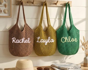 Bolso de playa de ganchillo personalizado, bolso de verano con nombre personalizado, regalo para damas de honor, recuerdo de despedida de soltera, bolso de viaje para ella.