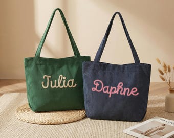 Bolso de pana personalizado con nombre, bolso de hombro bordado personalizado, regalo de agradecimiento para dama de honor, bolso de viaje diario para mujer