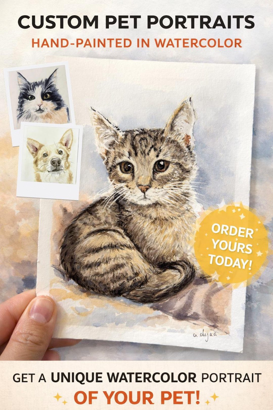 Custom Watercolor Pet Portrait| Hand-painted Dog or Cat Artwork| Pet ...
