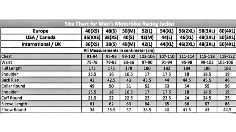 May include: Size chart for a men's motorbike racing jacket, with measurements in centimeters. Includes chest, waist, full length, shoulder, back rise, collar round, cuff round, sleeve length, and elbow round measurements. Sizes range from 46(XS) to 60(4XL).