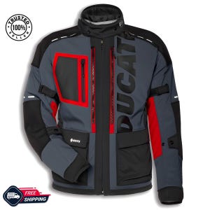 May include: A grey and black motorcycle jacket with red detailing and the word "DUCATI" printed on the front. The jacket features multiple pockets, zips, and reflective stripes. The jacket also has the text "GORE-TEX" on the pocket.