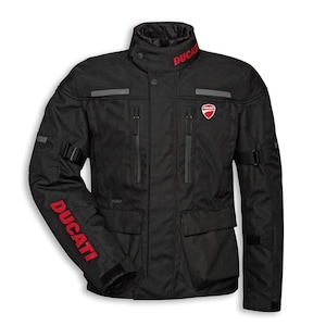 May include: Black Ducati motorcycle jacket with red Ducati logo on the chest, sleeve, and collar. The jacket has multiple pockets, reflective stripes, and adjustable straps. A high-collared jacket designed for motorcycle riding.