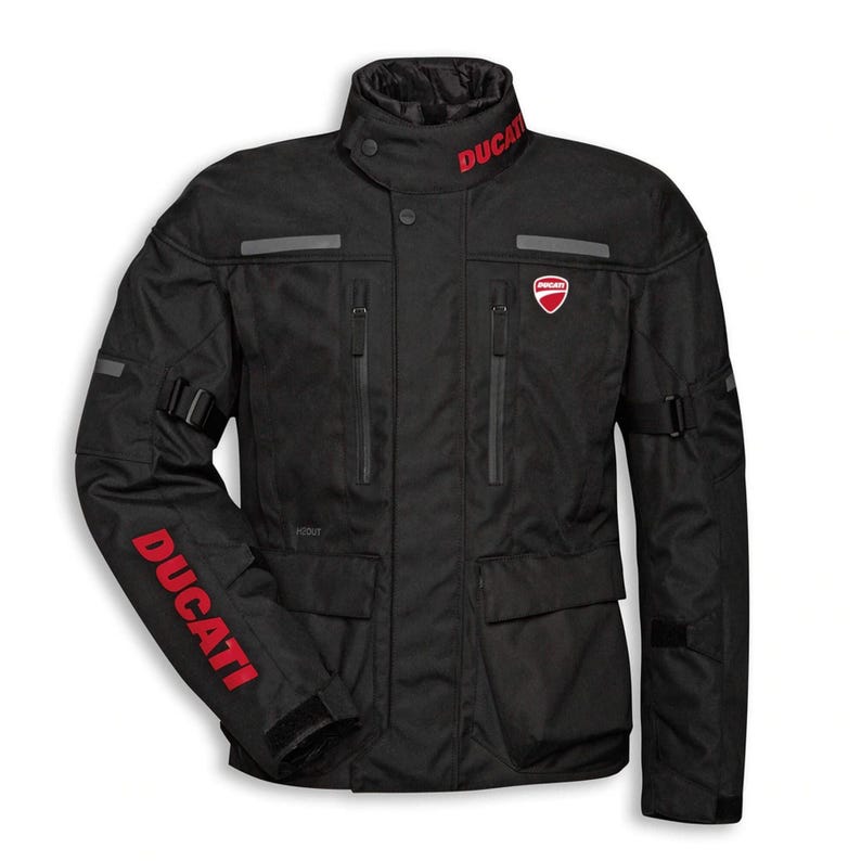 May include: Black Ducati motorcycle jacket with red Ducati logo on the chest, sleeve, and collar. The jacket has multiple pockets, reflective stripes, and adjustable straps. A high-collared jacket designed for motorcycle riding.