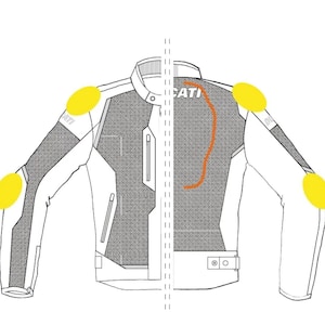 May include: A motorcycle jacket design in white, gray, and black, featuring the word "CATI" on the back. The jacket has yellow protective pads on the shoulders and elbows, with a zipper and a small pocket.