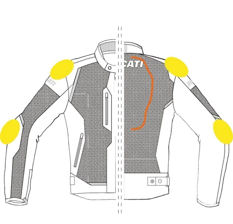 May include: A motorcycle jacket design in white, gray, and black, featuring the word "CATI" on the back. The jacket has yellow protective pads on the shoulders and elbows, with a zipper and a small pocket.
