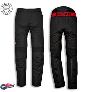 May include: Black motorcycle trousers with reinforced knee and hip sections. The trousers feature a red waistband with the word "DUCATI" in white. They have a zip closure at the leg bottoms. The image shows the front and back of the trousers.