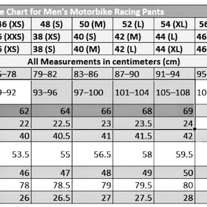 May include: A size chart for men's motorbike racing pants, detailing measurements in centimeters. Includes waist, hip, crotch, rise, thigh, knee, inseam, and ankle measurements, with sizes ranging from XS to 4XL.