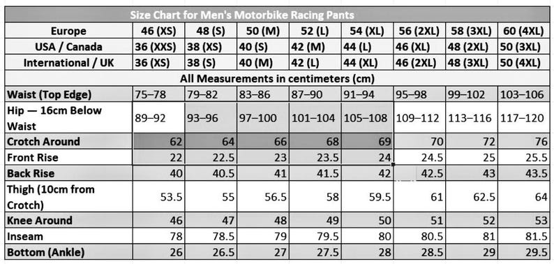 May include: A size chart for men's motorbike racing pants, detailing measurements in centimeters. Includes waist, hip, crotch, rise, thigh, knee, inseam, and ankle measurements, with sizes ranging from XS to 4XL.