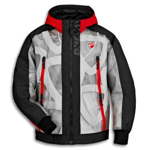 May include: A black, white, and red Ducati motorcycle jacket with a hood. The jacket features a full-length zipper, red zippers on the pockets, and the Ducati logo on the chest. The sleeves and hood are black.