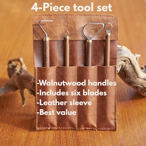 Pottery Trimming Tool Set – Tungsten Carbide Blades, Walnut Handles, Leather Sleeve