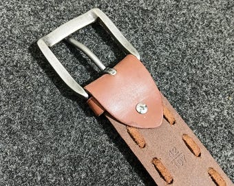 ブラウン編み込みレザーベルト ハンドメイドブラウン編み込みレザーベルト、3.5cmニッケルバックル