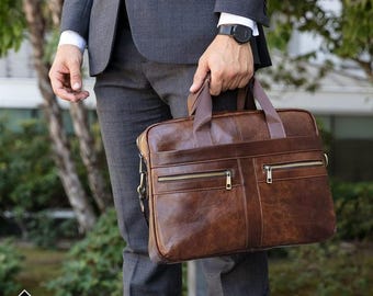 Maletín de cuero para portátil para hombre – Bolso de oficina marrón, maletín de trabajo acolchado, bandolera de viaje