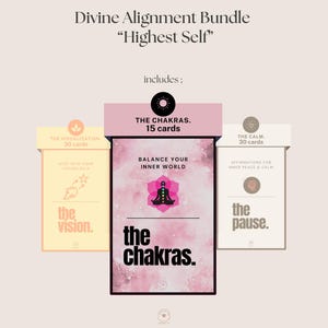 Peut inclure: Un ensemble de trois jeux de cartes, faisant partie du "Divine Alignment Bundle 'Highest Self'". Les jeux comprennent "The Vision" (30 cartes), "The Chakras" (15 cartes) et "The Calm" (30 cartes). Chaque jeu a un design et une palette de couleurs uniques.