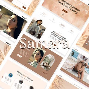 Peut inclure: Conception de site web aux couleurs douces et neutres. Le mot "Samara" est mis en évidence. La conception comprend des images d'une femme, ainsi que du texte tel que "Réécrivez votre histoire" et des témoignages de clients. Le thème général est féminin et motivant.