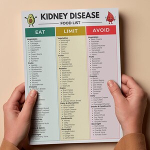 renal food list potassium phosphorus sodium reference, printout held in two hands over a table