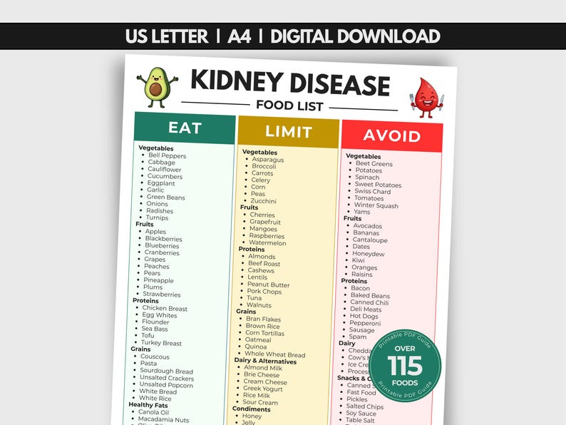 kidney disease food list three-column color-coded printable, shown as a centered printout title page