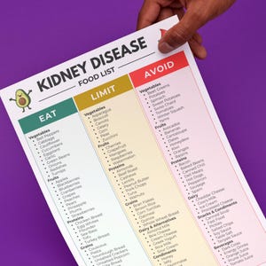 renal diet chart food groups two-page printable, printout held up by one top corner