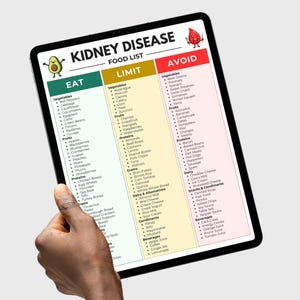 renal diet food list eat limit avoid categories, displayed on a tablet held upright in one hand