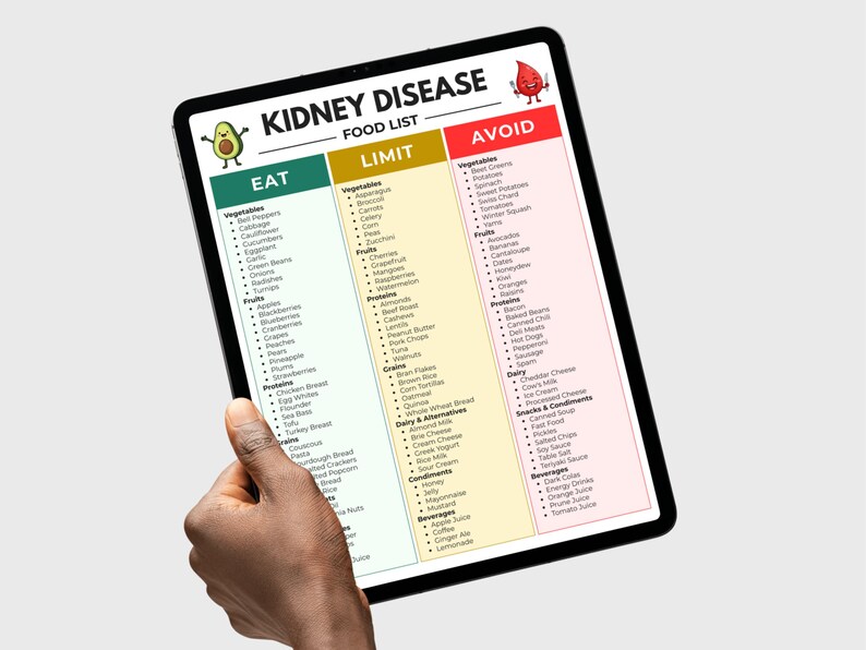 renal diet food list eat limit avoid categories, displayed on a tablet held upright in one hand
