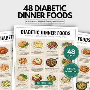 Puede incluir: Una guía digital imprimible titulada 48 Diabetic Dinner Foods con ilustraciones de diversas comidas como salmón al horno, bacalao al limón y pollo a la parmesana. El documento incluye descripciones de texto para cada plato y especifica los tamaños A4.