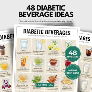 May include: A digital guide titled 48 Diabetic Beverage Ideas featuring a grid of illustrated drinks like water, tea, and almond milk. The document includes text descriptions for each beverage, a 48 beverages badge, and a US Letter + A4 size label.