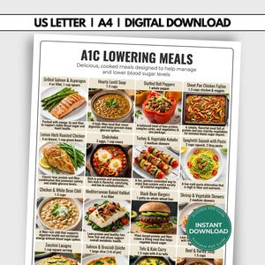 May include: A digital download guide titled A1C LOWERING MEALS featuring a grid of food photographs with text descriptions for dishes like grilled salmon, lentil soup, stuffed peppers, and chicken fajitas, available in US Letter and A4 sizes.